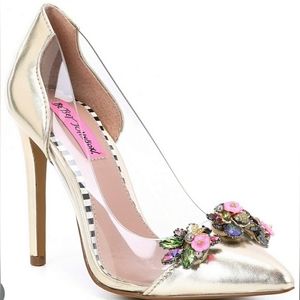 (70)Betsy Johnson Gold and Clear Floral Jane Heels Size 9